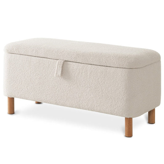 39,5 Panca contenitore Boucle bianco sporco, panca contenitore Sherpa, poggiapiedi per letto, per soggiorno, camera da letto, gambe in legno