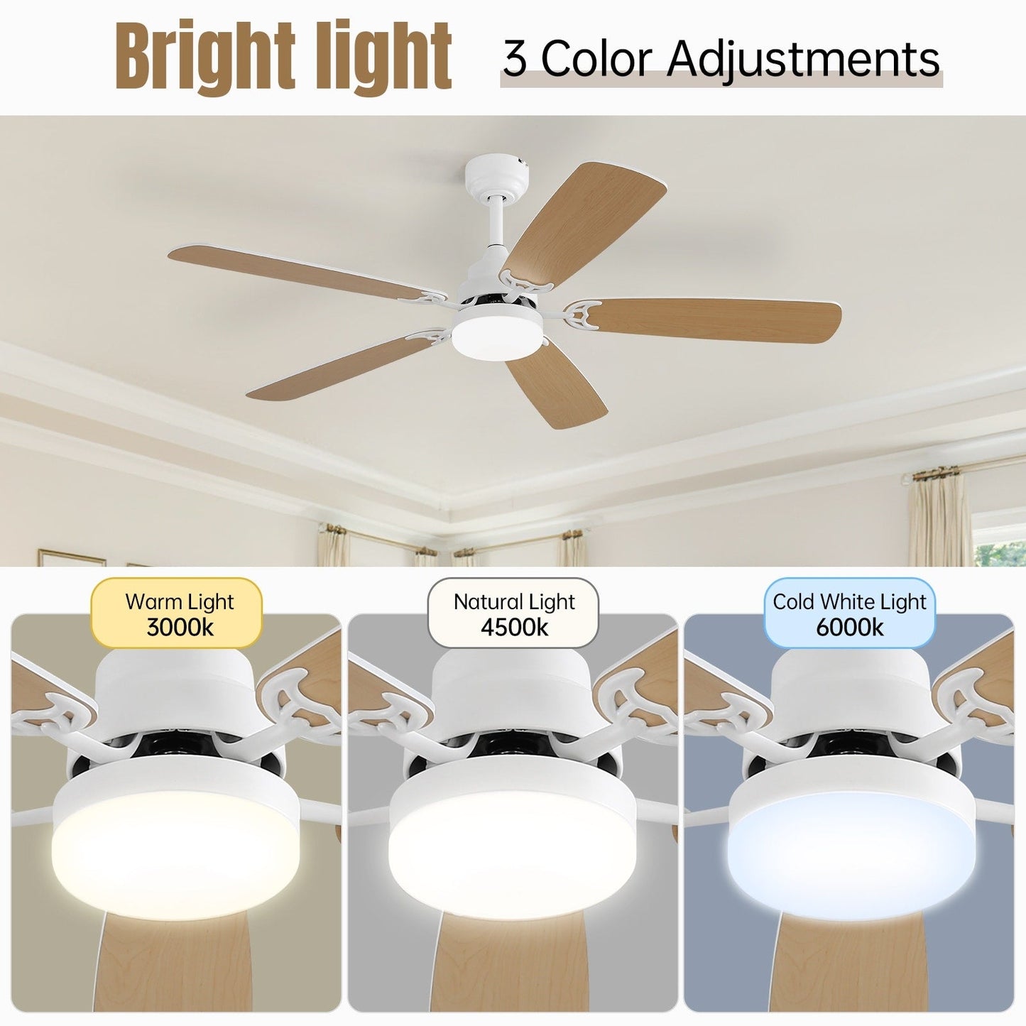 Ventilatore da soffitto a LED integrato da 48 e 52 pollici con luce e telecomando, motore CC reversibile
