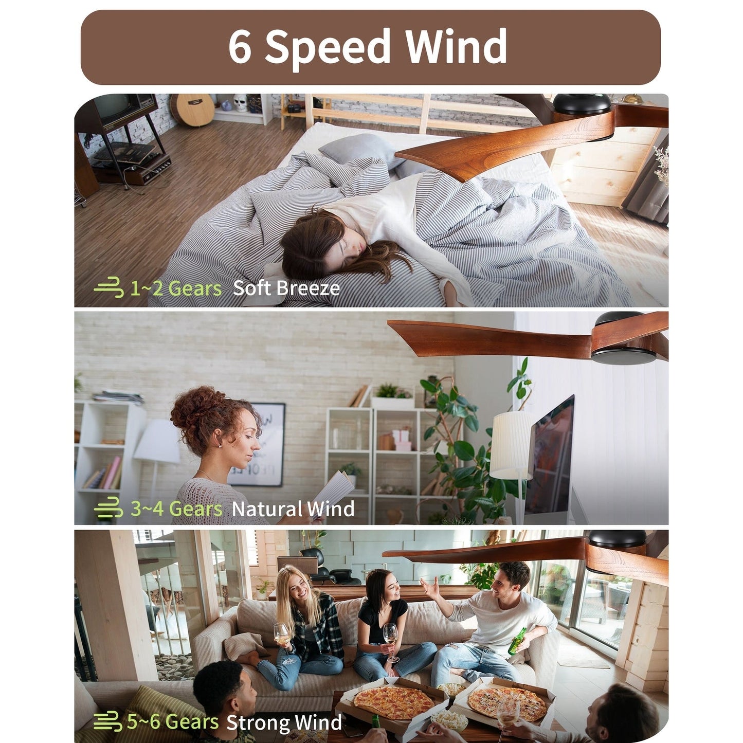 Ventilatore da soffitto moderno in legno massello/ABS da 52 pollici con telecomando (senza luce), 6 velocità del vento, flusso d'aria reversibile