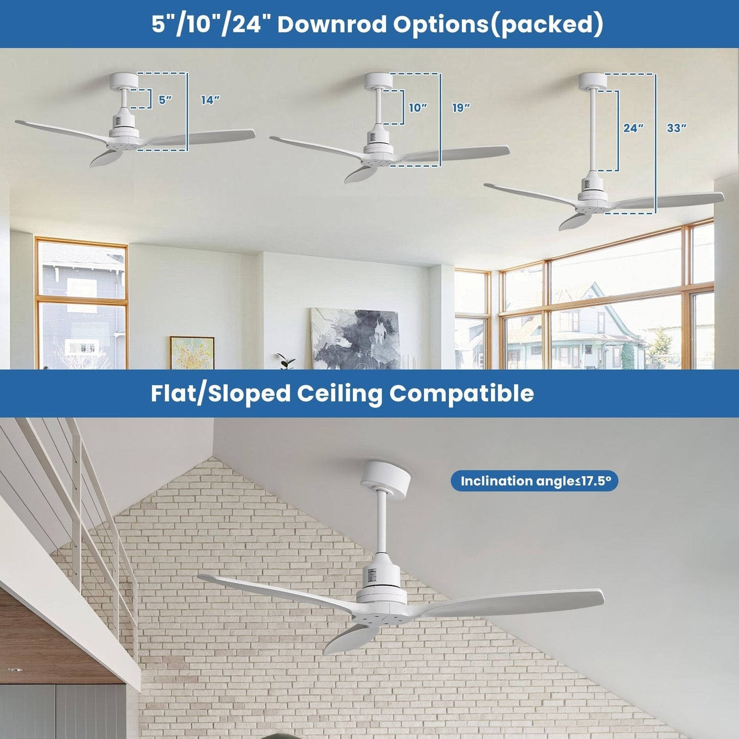 Ventilatore da soffitto moderno in legno massello/ABS da 52 pollici con telecomando (senza luce), 6 velocità del vento, flusso d'aria reversibile