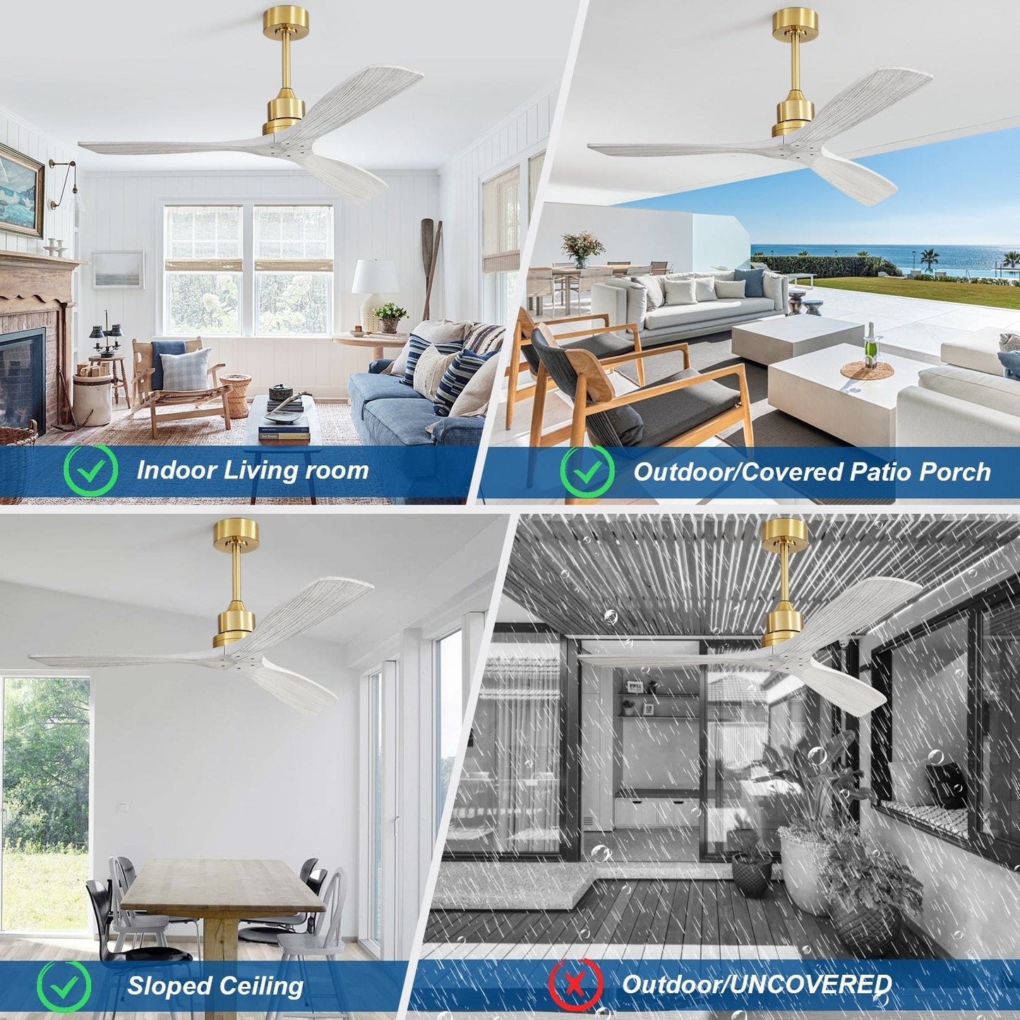 Ventilatore da soffitto moderno in legno massello/ABS da 52 pollici con telecomando (senza luce), 6 velocità del vento, flusso d'aria reversibile