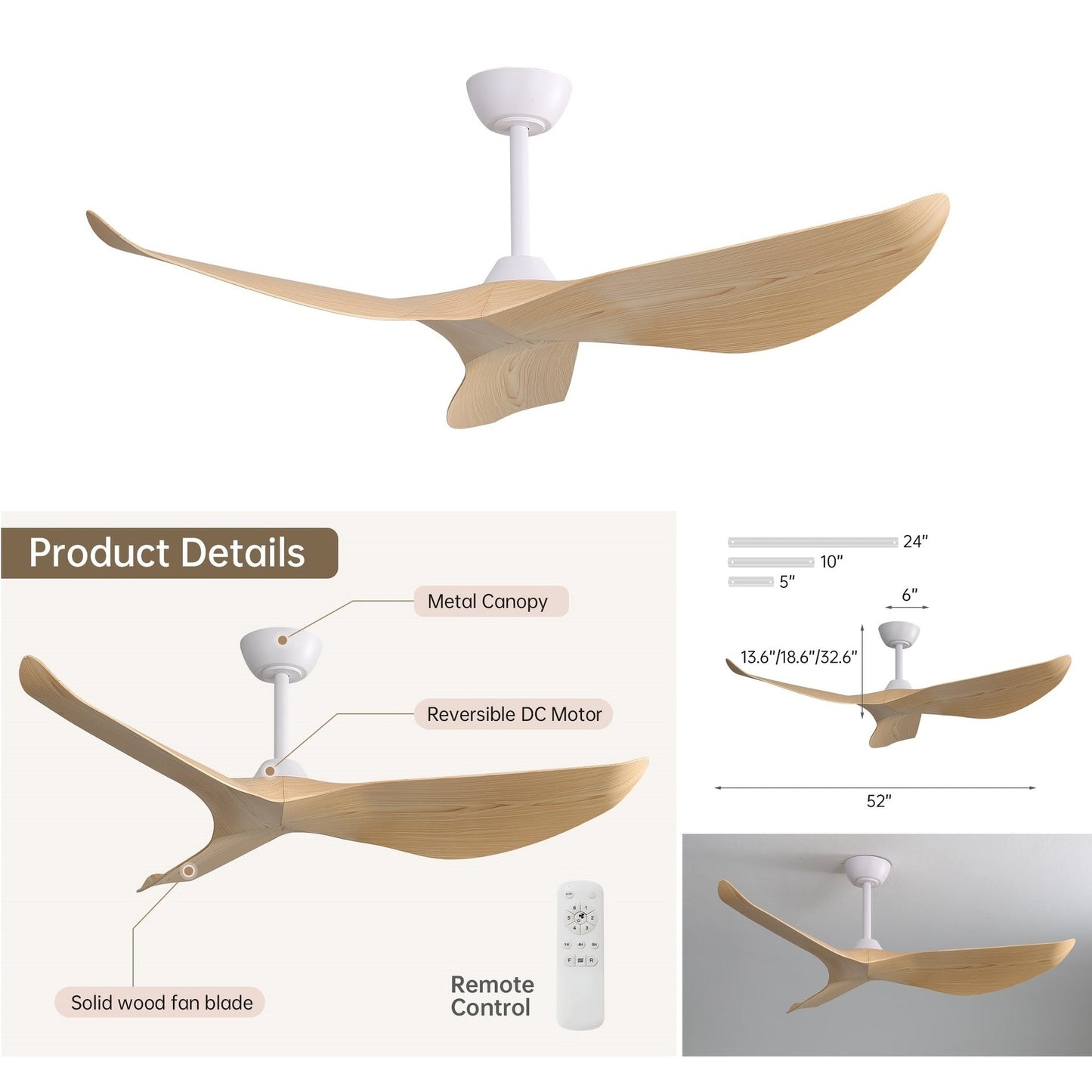 Ventilatore da soffitto moderno in legno massello/ABS da 52 pollici con telecomando (senza luce), 6 velocità del vento, flusso d'aria reversibile