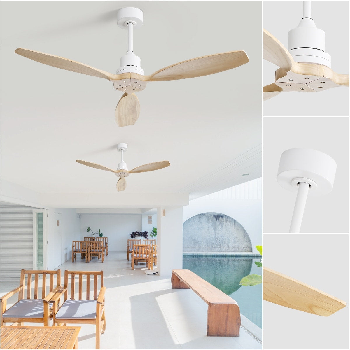 Ventilatore da soffitto moderno in legno massello/ABS da 52 pollici con telecomando (senza luce), 6 velocità del vento, flusso d'aria reversibile