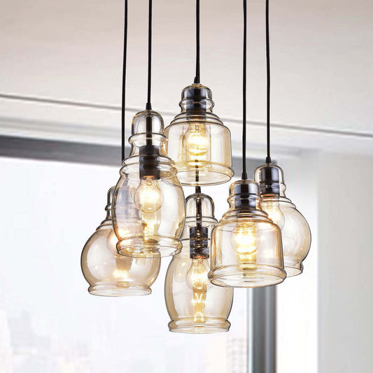 Lampadario a sospensione Mariana Cognac Glass Antique Black and Round Base a 6 luci