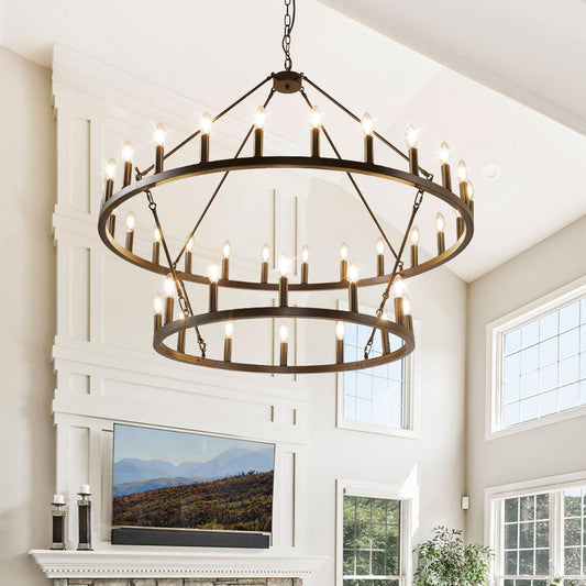 Lampadario moderno in stile fattoria, lampadario a ruota di carro rotondo a 2 livelli, grande lampadario alto da soffitto.