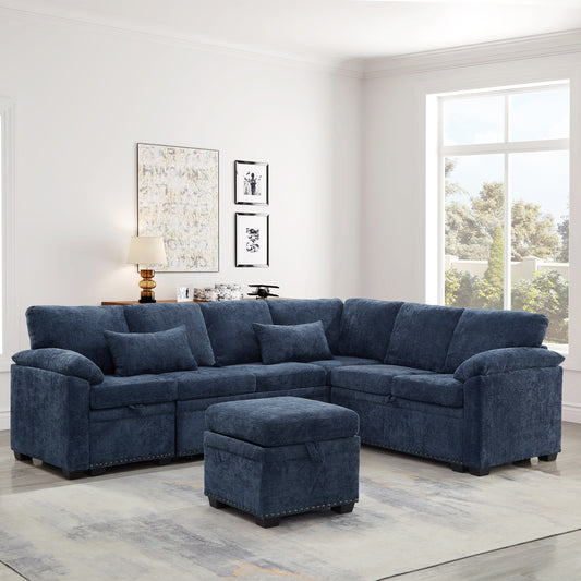 Divano componibile moderno a L in ciniglia con divano letto estraibile, sedute contenitore, pouf e 2 cuscini per soggiorno