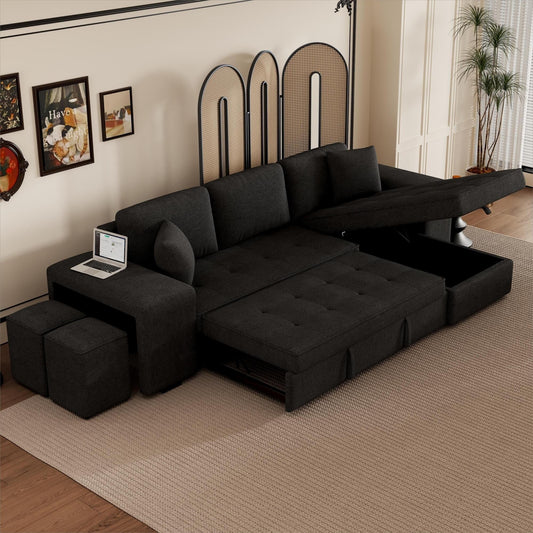 Divano letto moderno a L con chaise longue reversibile, contenitore e 2 sgabelli per soggiorno e appartamento