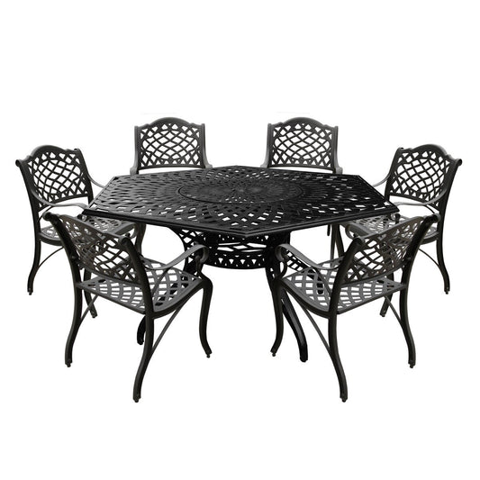 Set da pranzo moderno per esterni in alluminio con rete esagonale da 63 pollici con Lazy Susan e sei sedie - N/D
