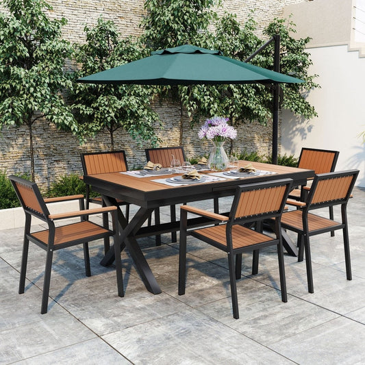 Moderno set da pranzo da esterno da 7 pezzi con sei sedie e un tavolo estensibile per patio