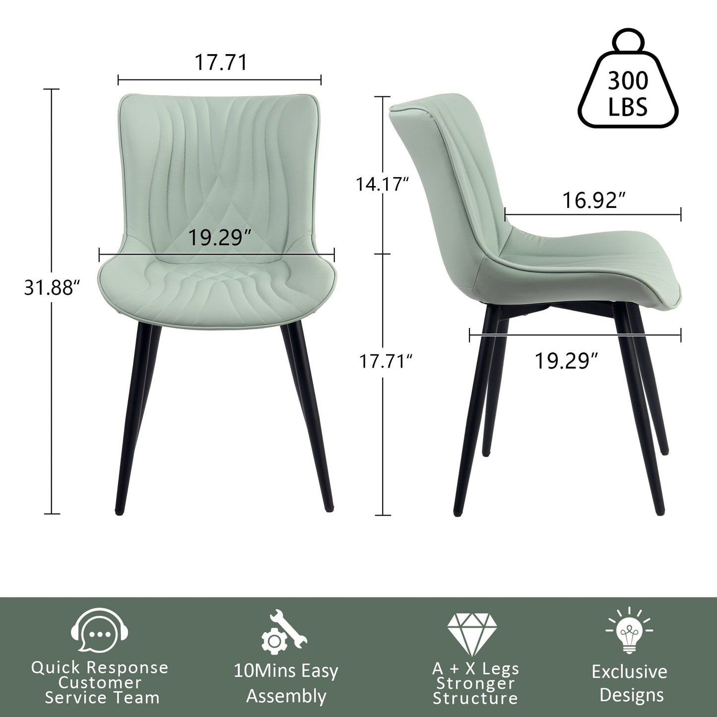 Set di 2 sedie da pranzo moderne imbottite in pelle senza braccioli