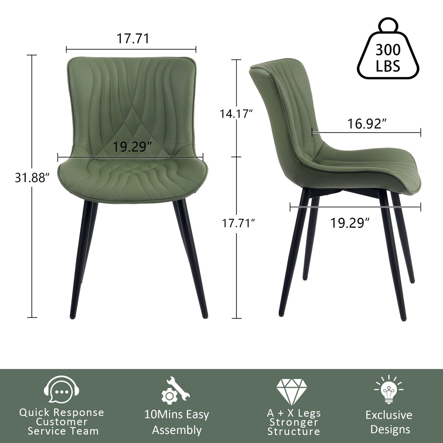 Set di 2 sedie da pranzo moderne imbottite in pelle senza braccioli