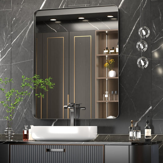 Specchio da parete moderno, specchio rettangolare con cornice in metallo, specchio da bagno con angolo arrotondato, specchio per trucco verticale/orizzontale