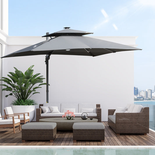 Ombrellone da giardino a LED solare Outsunny da 10 piedi, ombrellone sospeso con rotazione a 360°, base a croce, 8 stecche, inclinazione e manovella