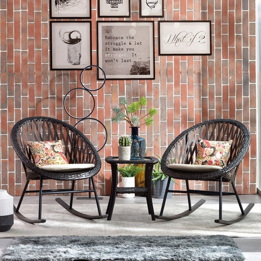 Set da bistrot OVIOS con sedia a dondolo da giardino da 3 pezzi e tavolino in vetro