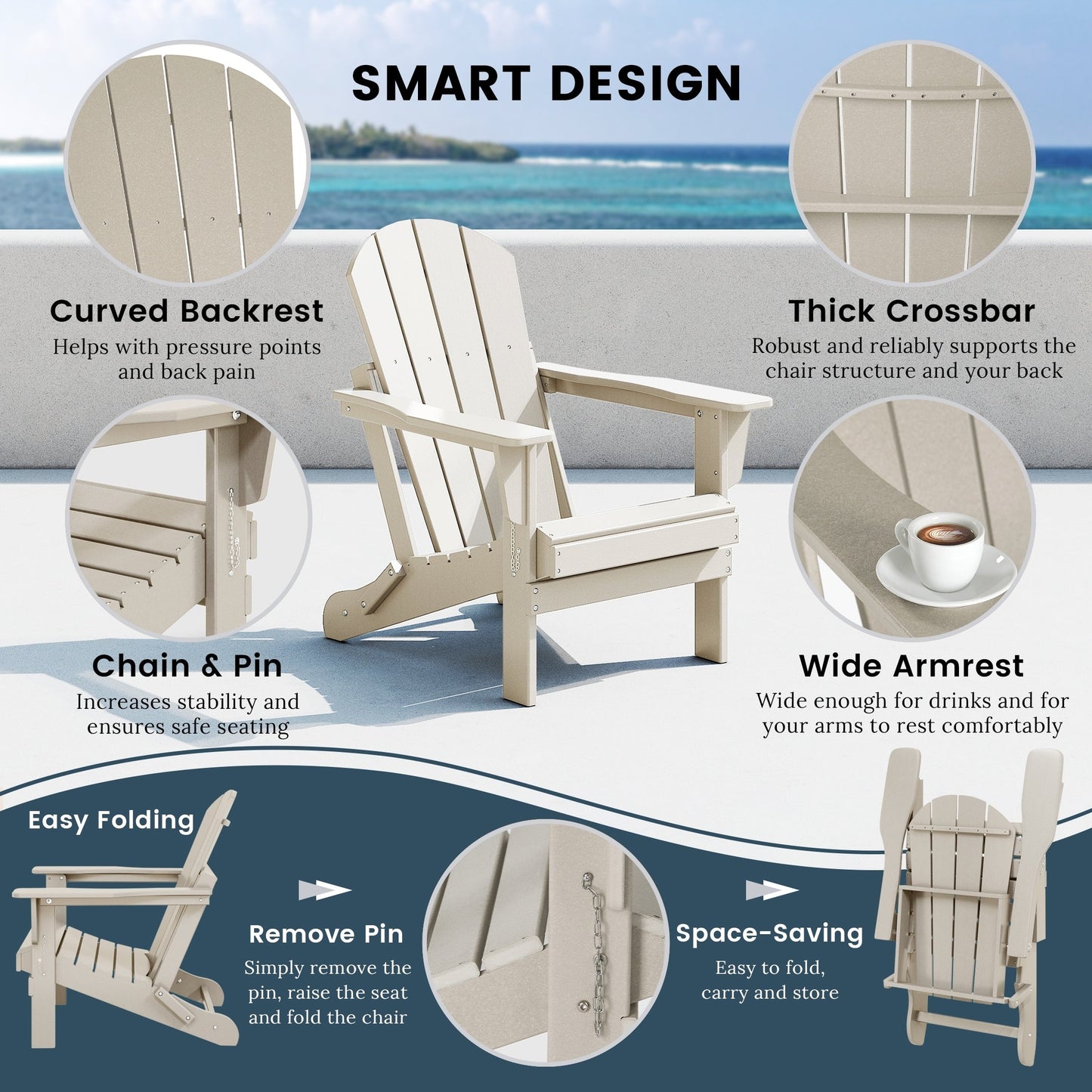 Sedia Adirondack pieghevole per esterni e patio, resistente allo sbiadimento e a tutte le condizioni atmosferiche, Polytrends Laguna