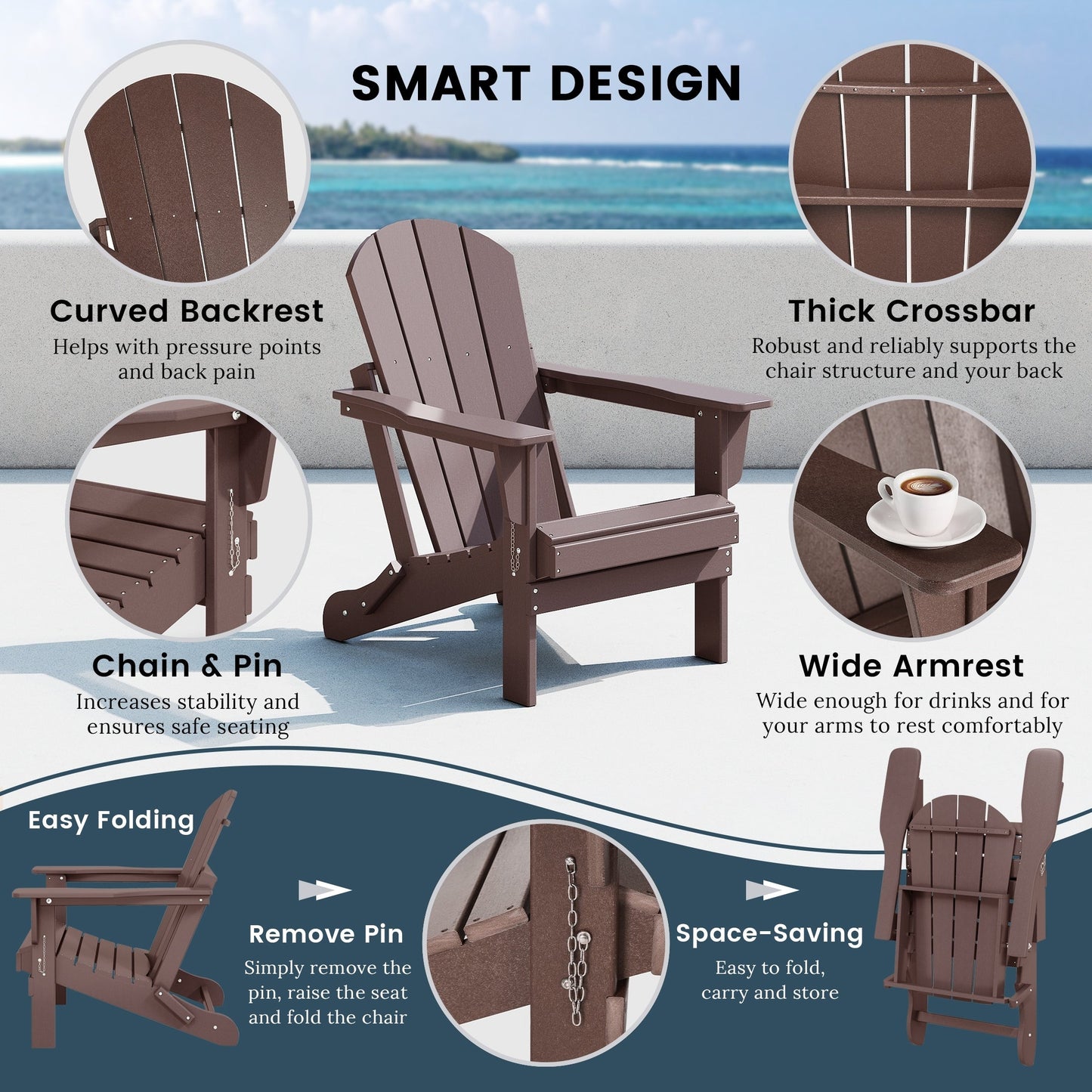Sedia Adirondack pieghevole per esterni e patio, resistente allo sbiadimento e a tutte le condizioni atmosferiche, Polytrends Laguna