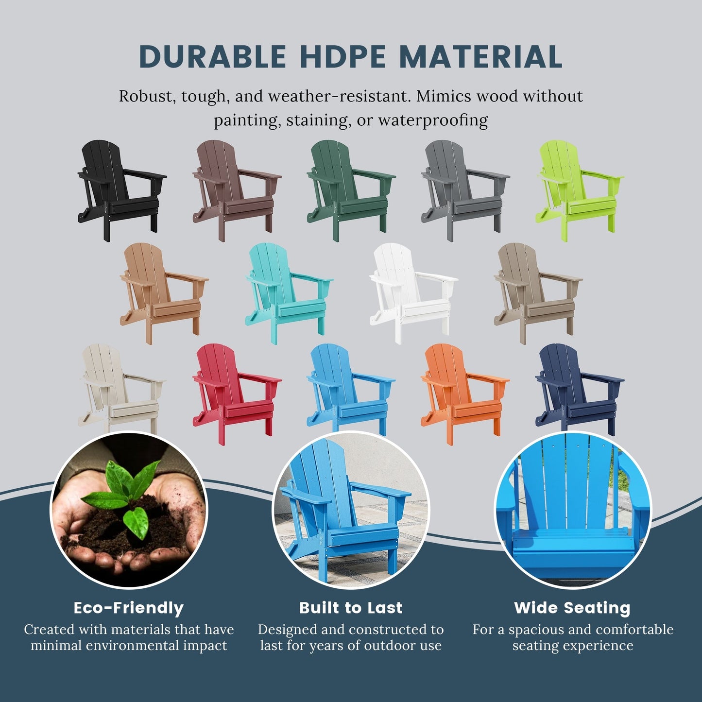 Sedia Adirondack pieghevole per esterni e patio, resistente allo sbiadimento e a tutte le condizioni atmosferiche, Polytrends Laguna