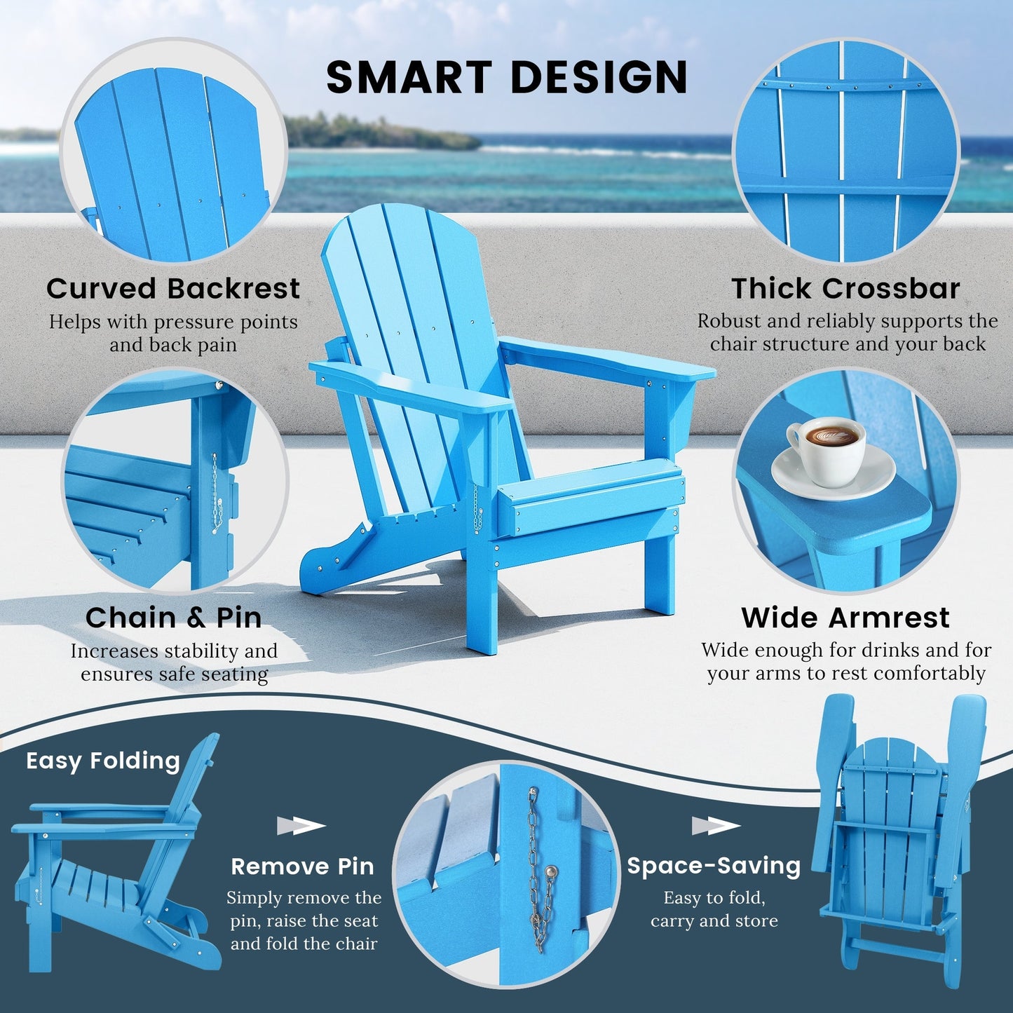 Sedia Adirondack pieghevole per esterni e patio, resistente allo sbiadimento e a tutte le condizioni atmosferiche, Polytrends Laguna