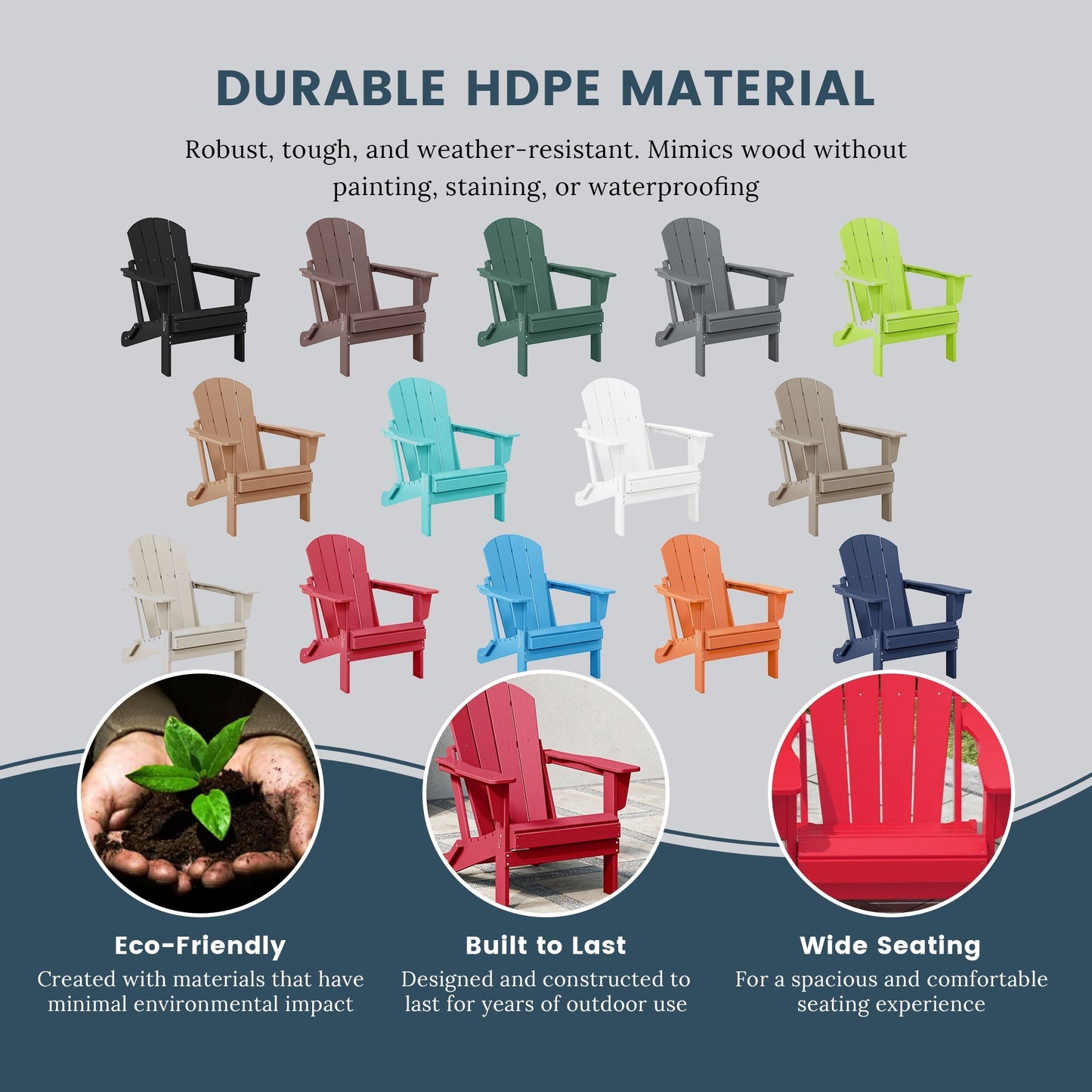 Sedia Adirondack pieghevole per esterni e patio, resistente allo sbiadimento e a tutte le condizioni atmosferiche, Polytrends Laguna