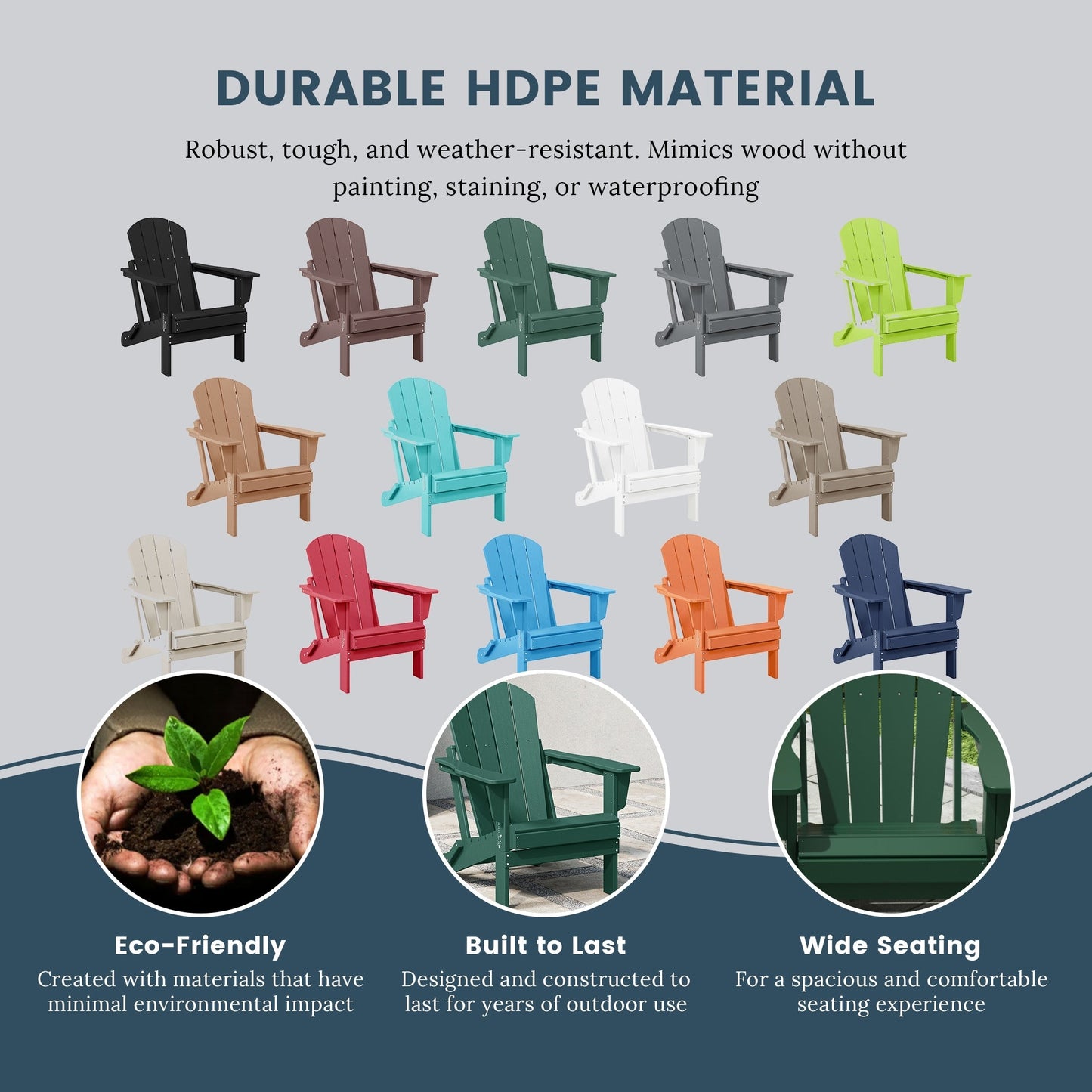 Sedia Adirondack pieghevole per esterni e patio, resistente allo sbiadimento e a tutte le condizioni atmosferiche, Polytrends Laguna