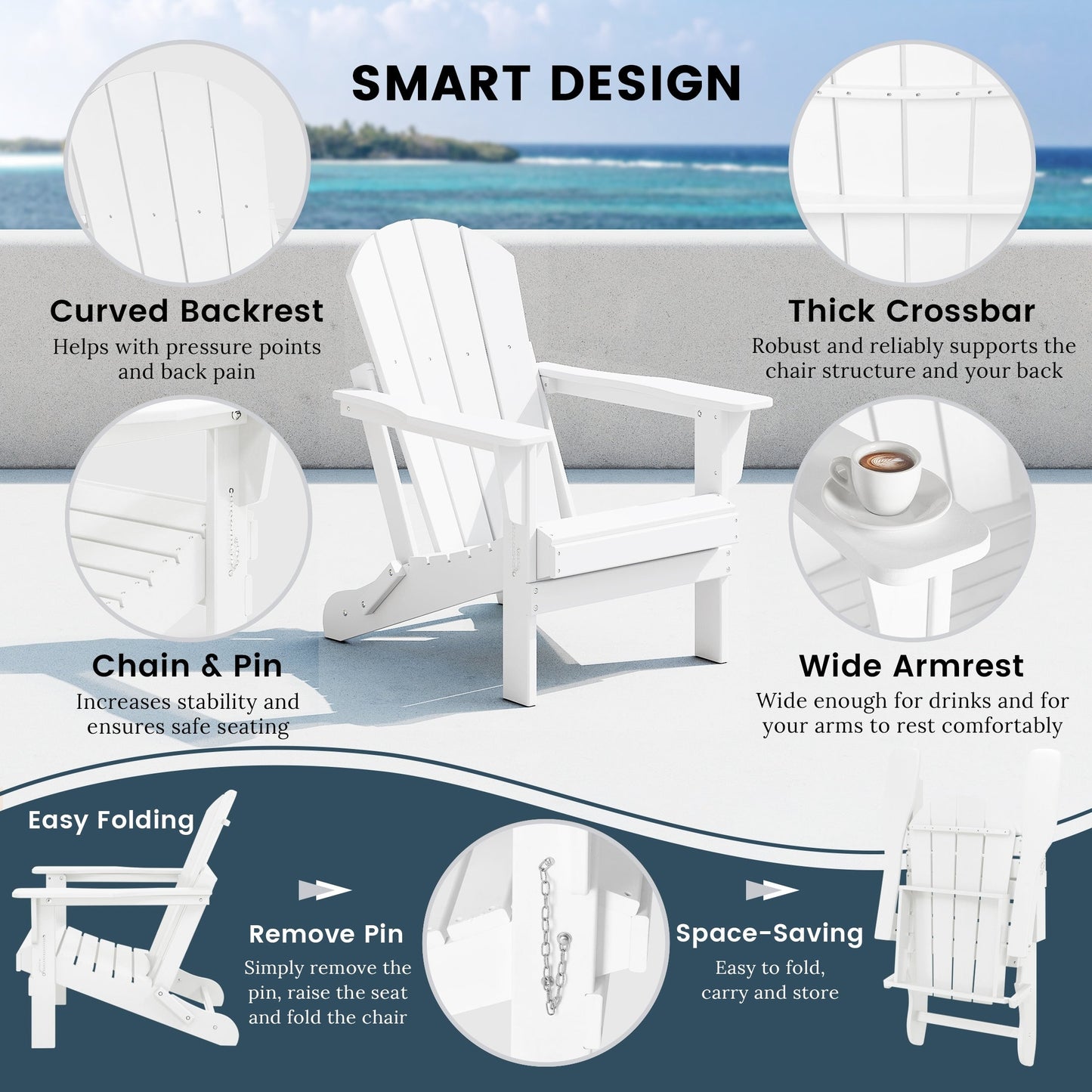Sedia Adirondack pieghevole per esterni e patio, resistente allo sbiadimento e a tutte le condizioni atmosferiche, Polytrends Laguna