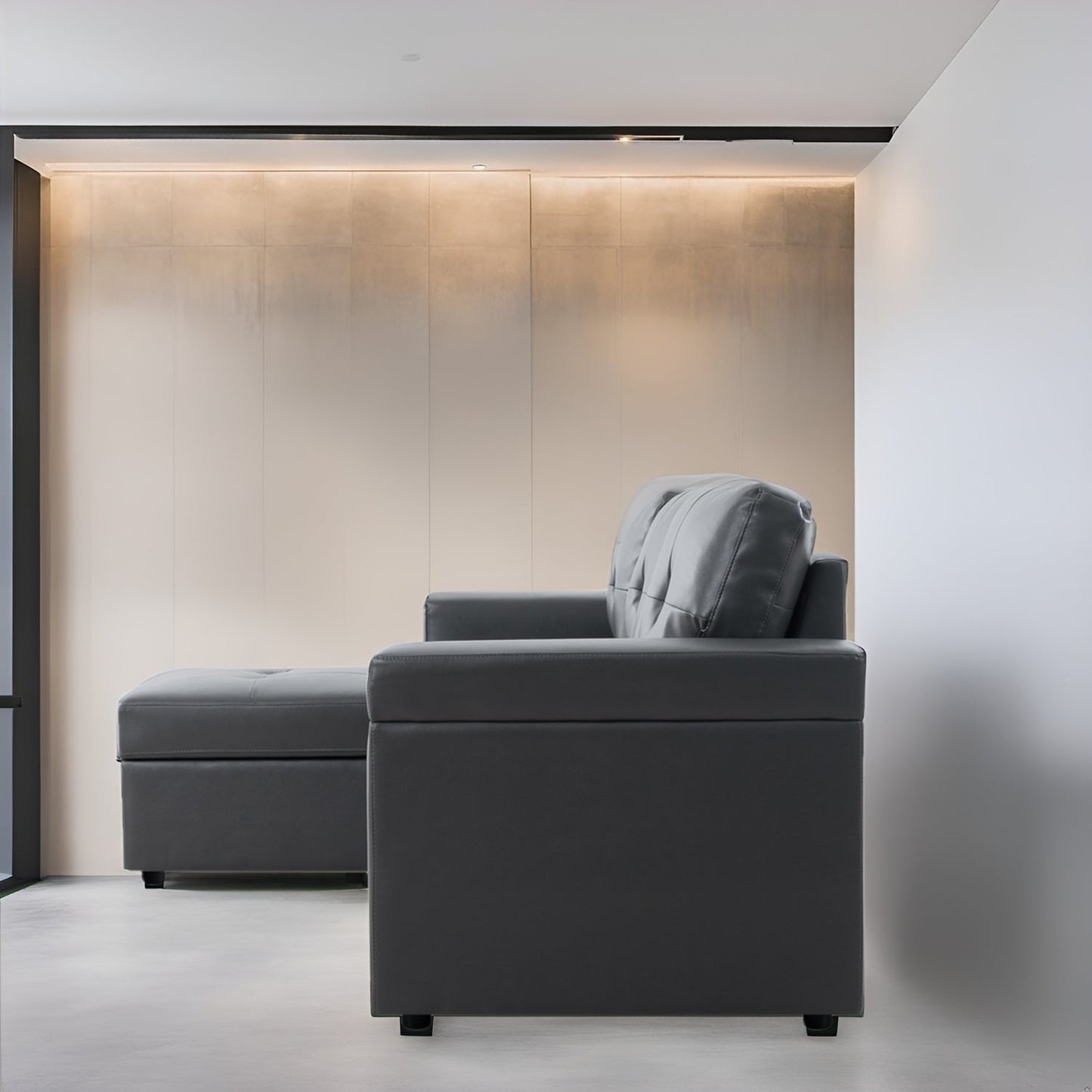 Divano componibile reversibile con letto estraibile, chaise longue con contenitore nascosto, gambe resistenti,