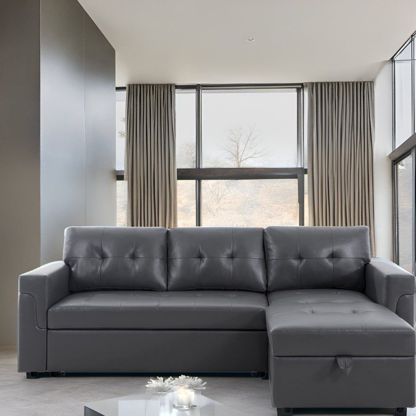 Divano componibile reversibile con letto estraibile, chaise longue con contenitore nascosto, gambe resistenti,