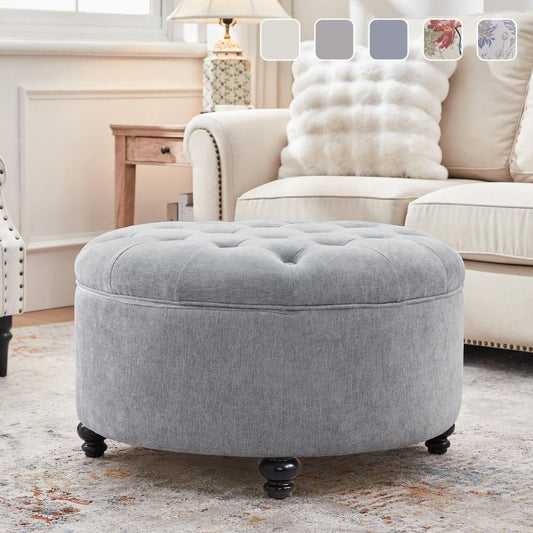 Pouf contenitore rotondo grande trapuntato con poggiapiedi beige/grigio/blu