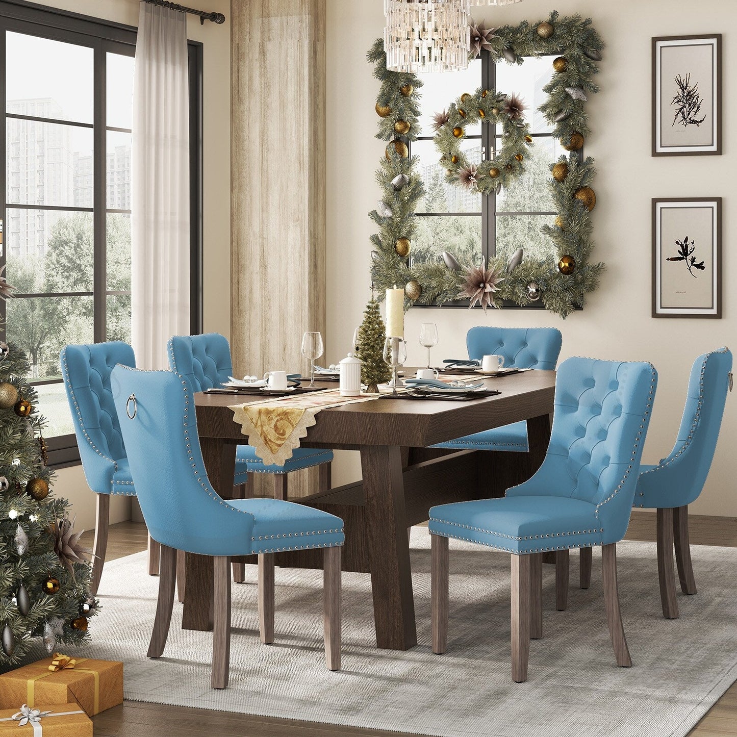 Sedia da pranzo imbottita in velluto trapuntato con gambe in legno massello, set da 6