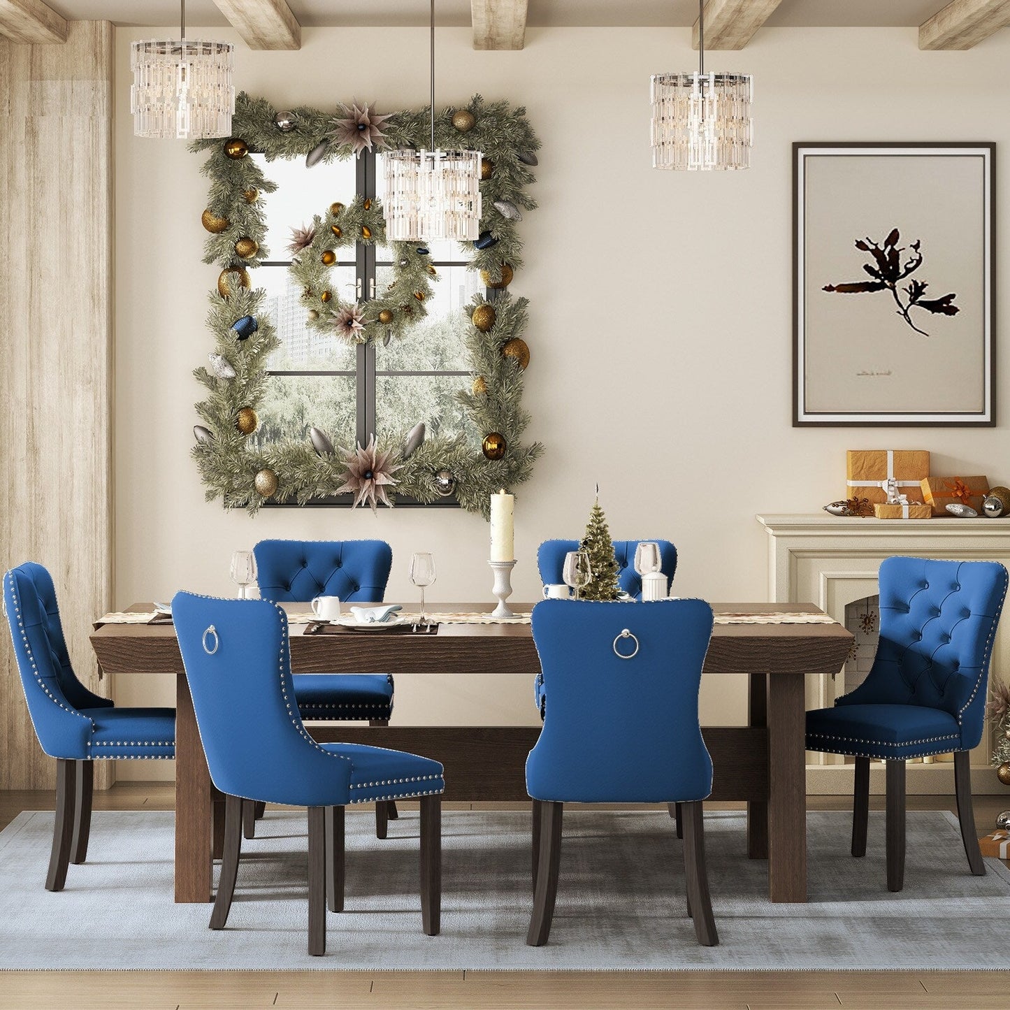 Sedia da pranzo imbottita in velluto trapuntato con gambe in legno massello, set da 6