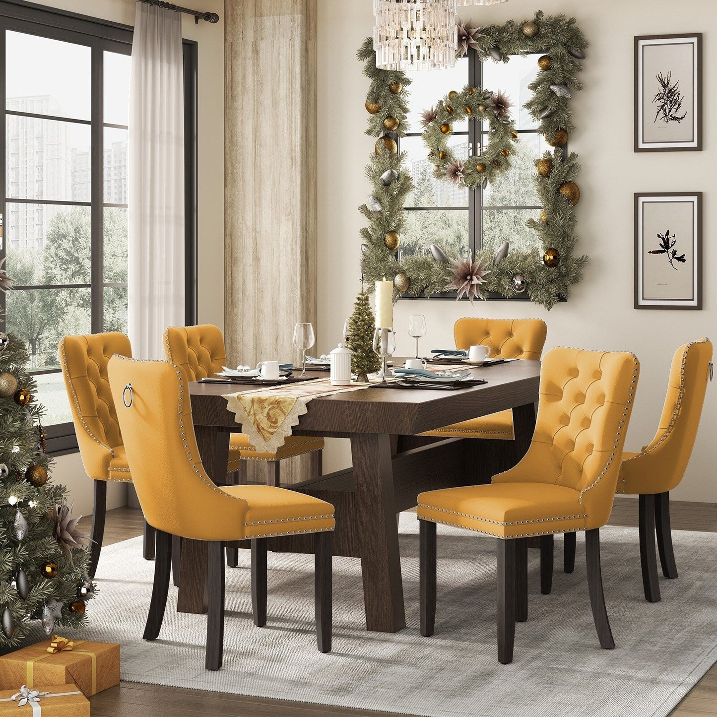 Sedia da pranzo imbottita in velluto trapuntato con gambe in legno massello, set da 6