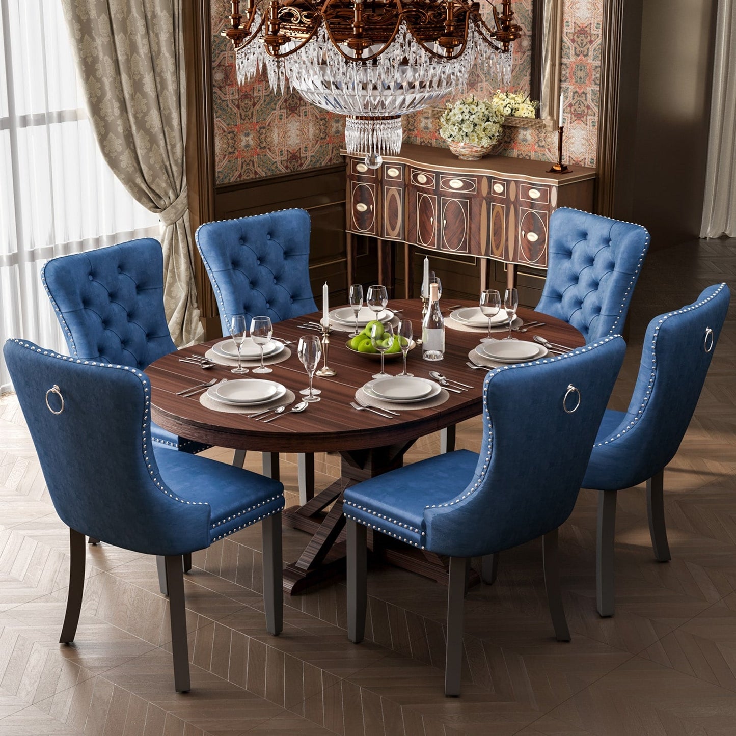 Sedia da pranzo imbottita in velluto trapuntato con gambe in legno massello, set da 6