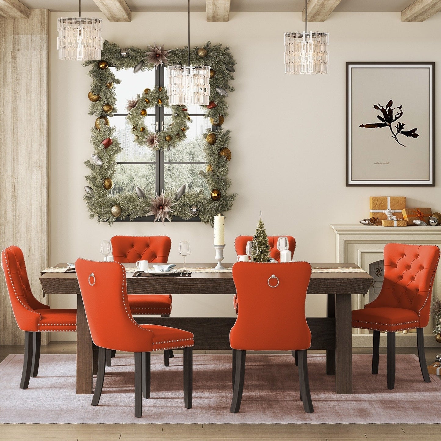 Sedia da pranzo imbottita in velluto trapuntato con gambe in legno massello, set da 6