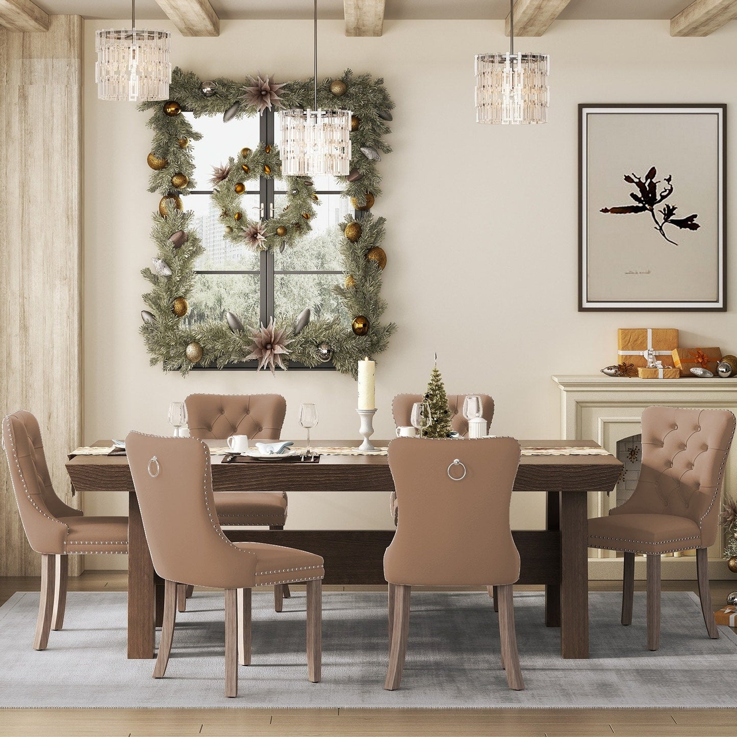 Sedia da pranzo imbottita in velluto trapuntato con gambe in legno massello, set da 6