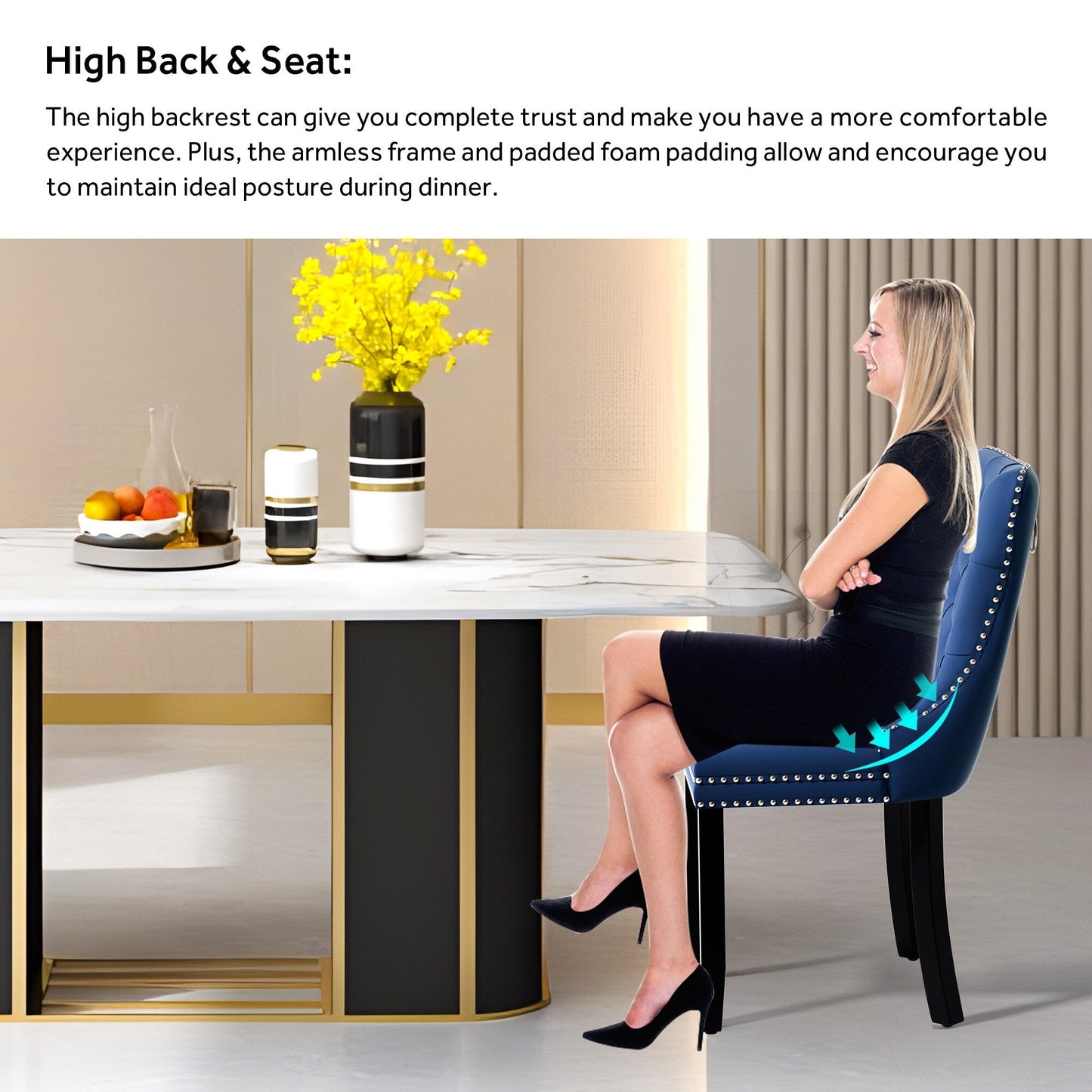 Sedia da pranzo imbottita in velluto trapuntato con gambe in legno massello, set da 6