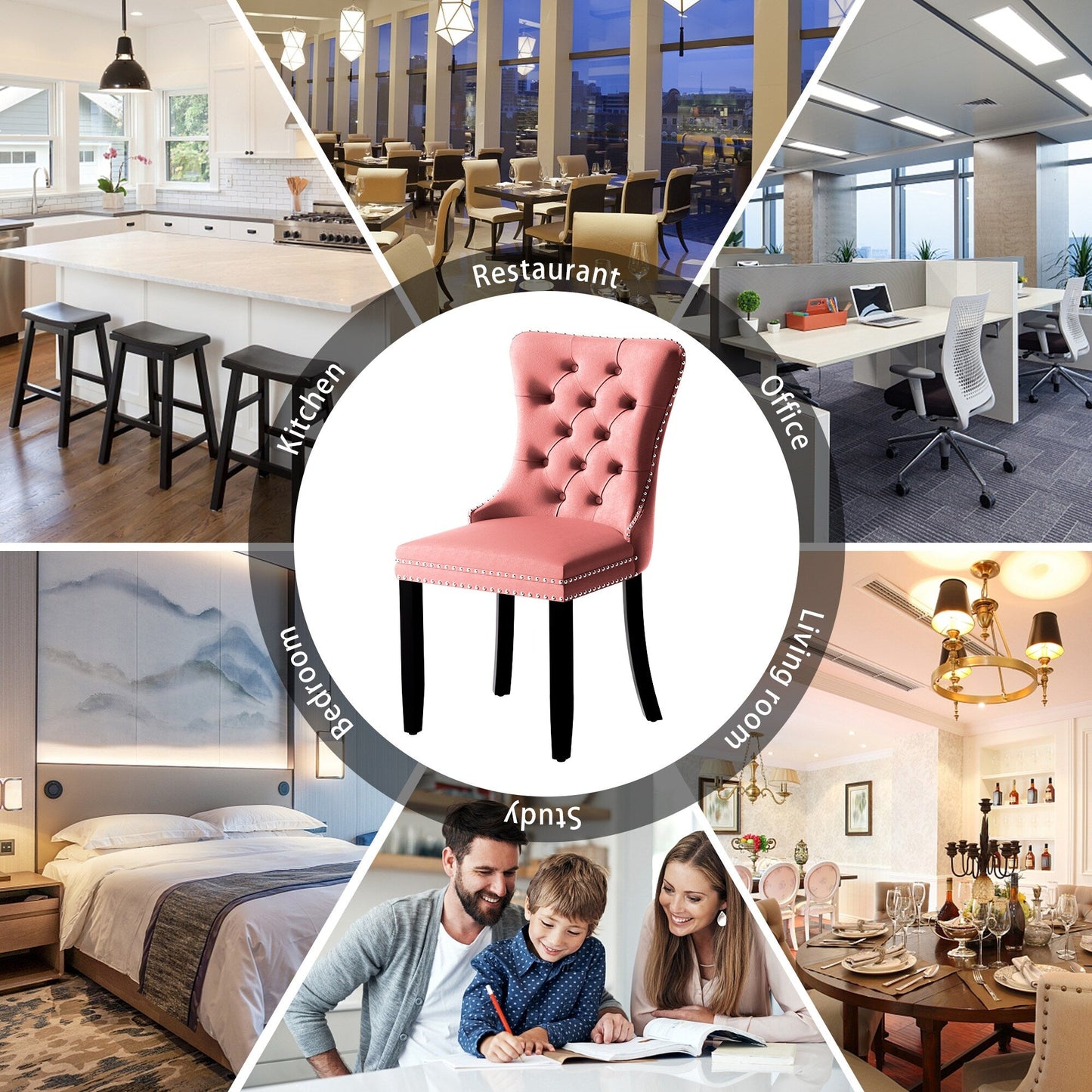 Sedia da pranzo imbottita in velluto trapuntato con gambe in legno massello, set da 6