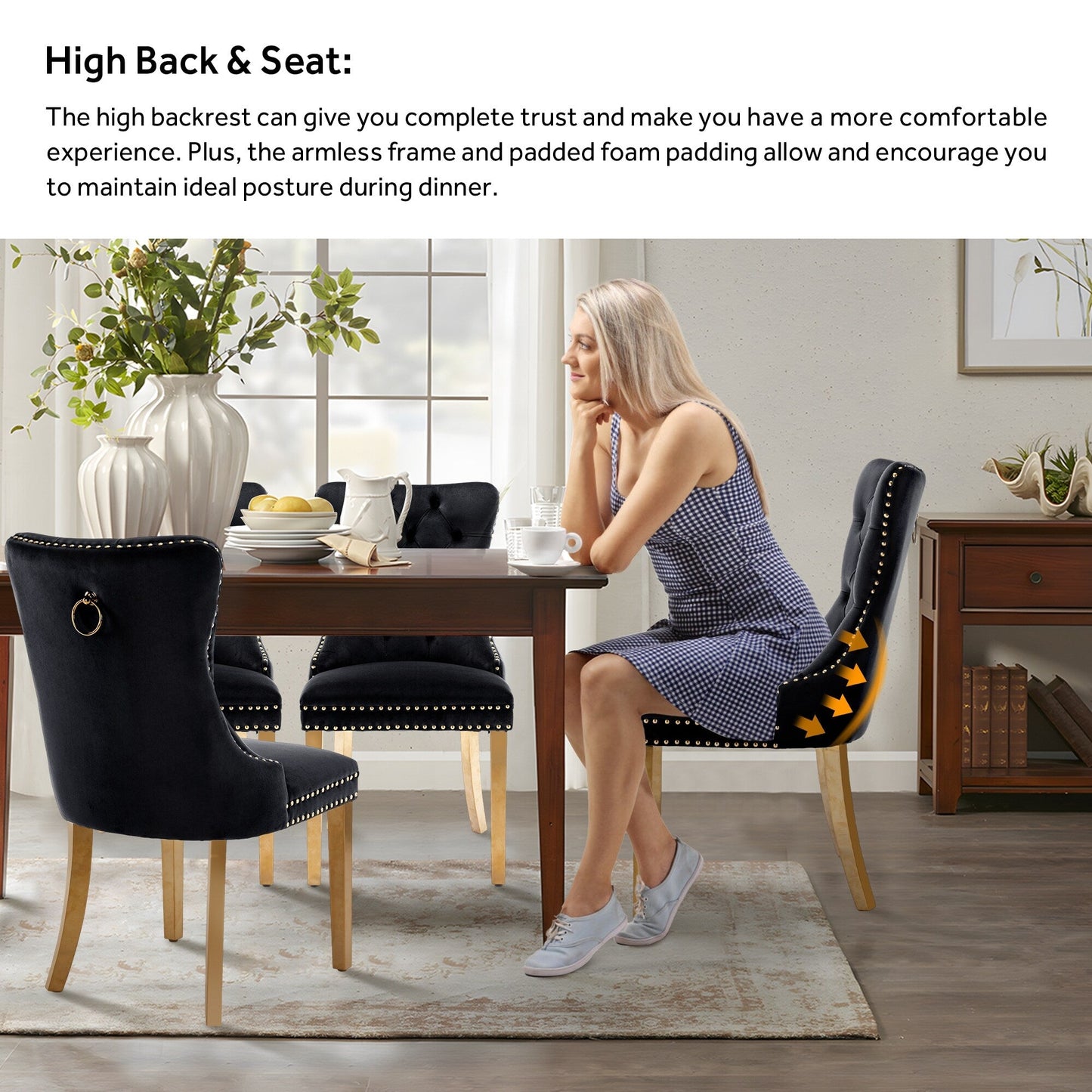 Sedia da pranzo imbottita in velluto trapuntato con gambe in legno massello, set da 6