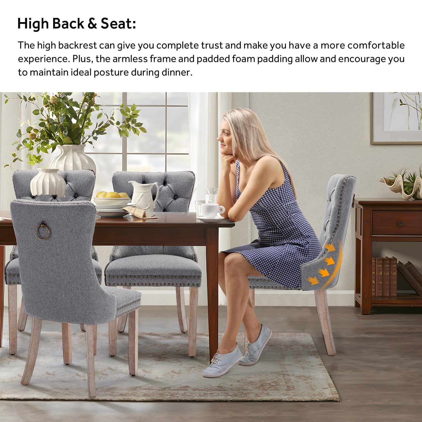 Sedia da pranzo imbottita in velluto trapuntato con gambe in legno massello, set da 6