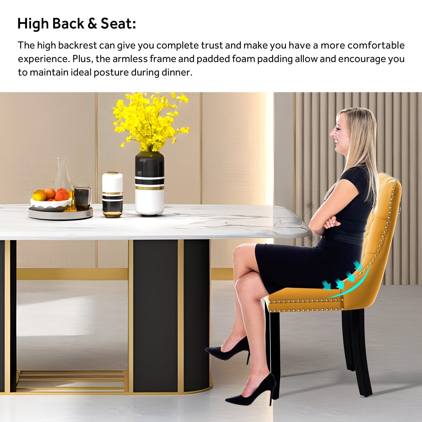 Sedia da pranzo imbottita in velluto trapuntato con gambe in legno massello, set da 6