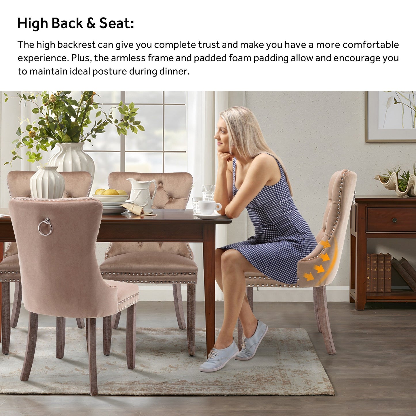 Sedia da pranzo imbottita in velluto trapuntato con gambe in legno massello, set da 6