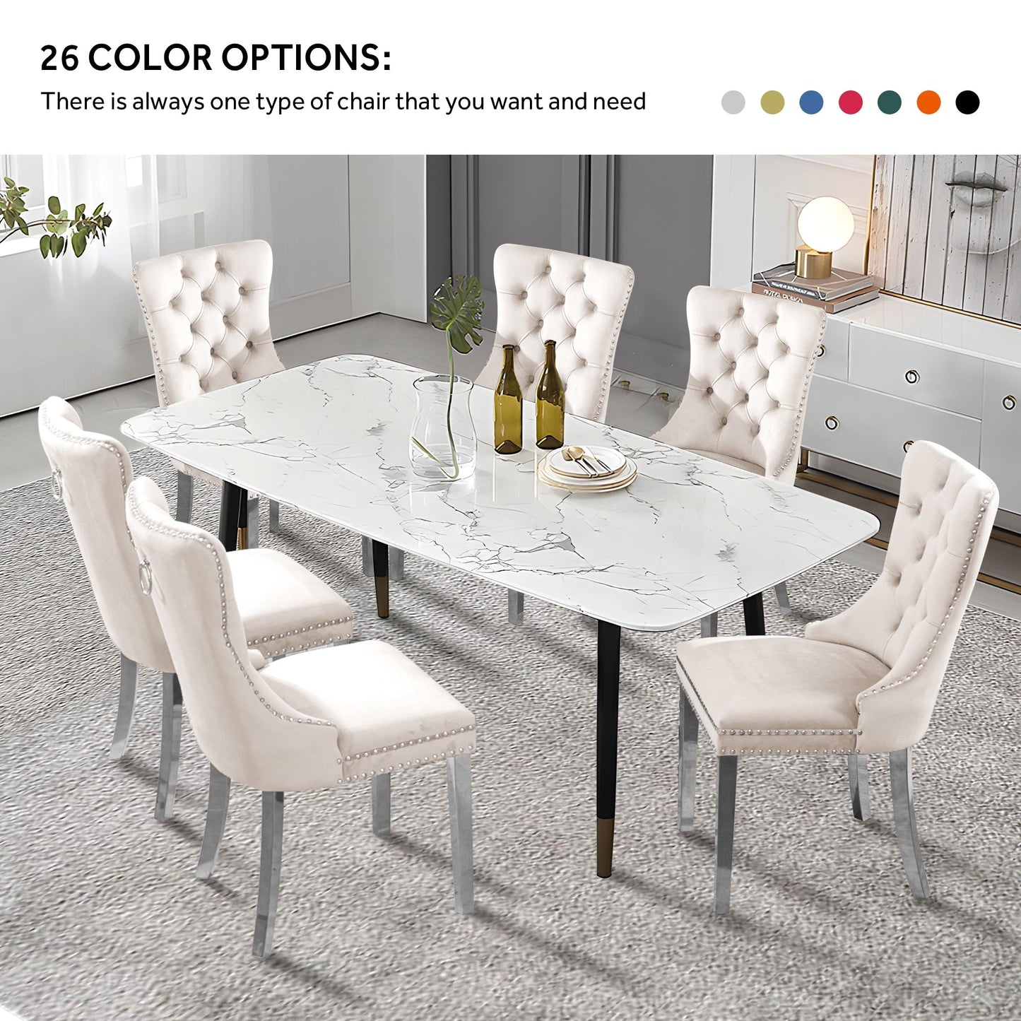 Sedia da pranzo imbottita in velluto trapuntato con gambe in legno massello, set da 6