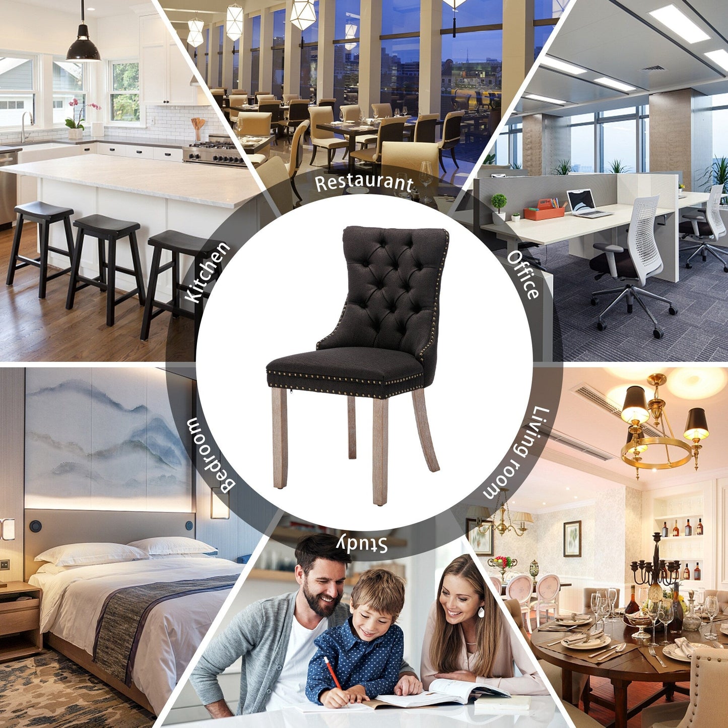 Sedia da pranzo imbottita in velluto trapuntato con gambe in legno massello, set da 6