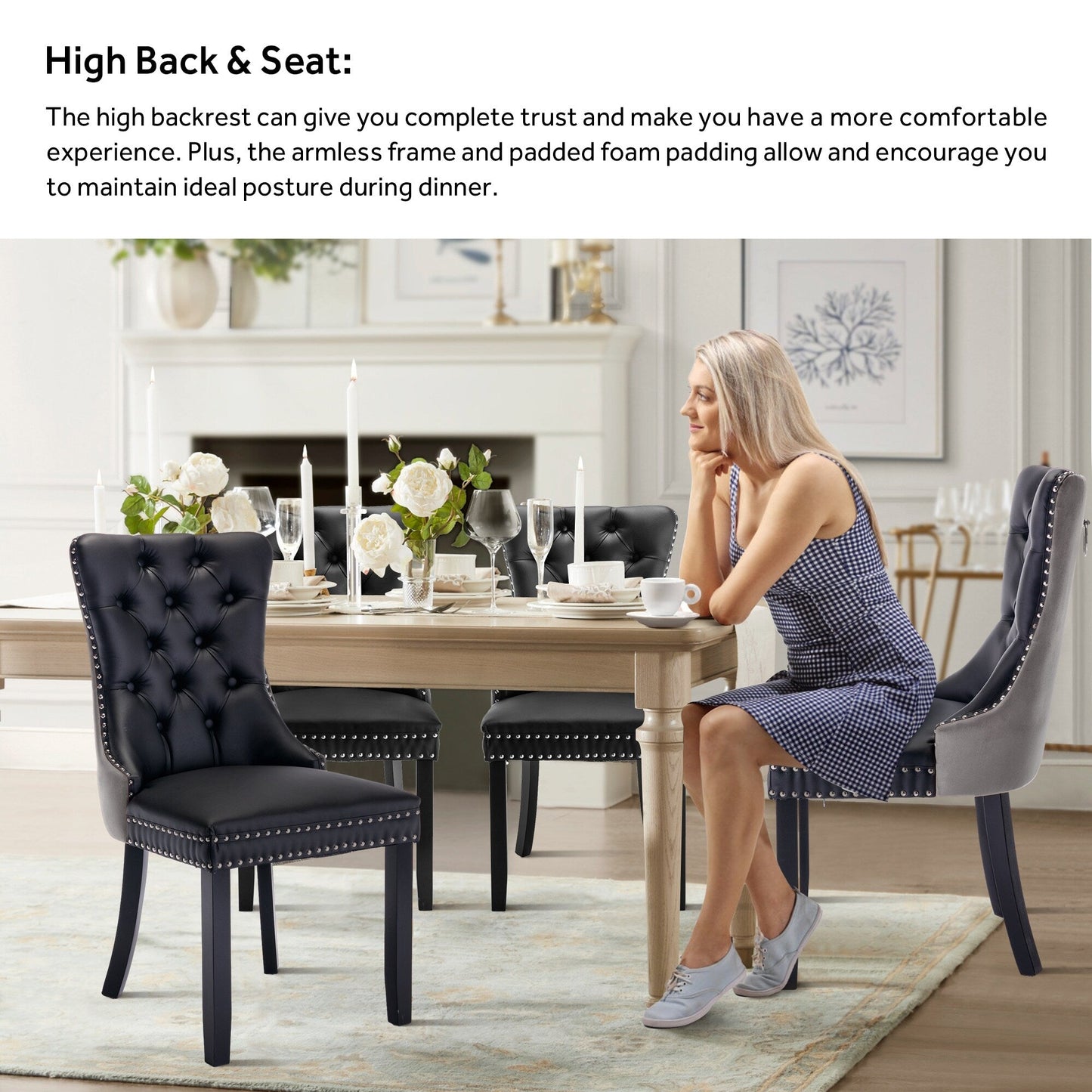 Sedia da pranzo imbottita in velluto trapuntato con gambe in legno massello, set da 6