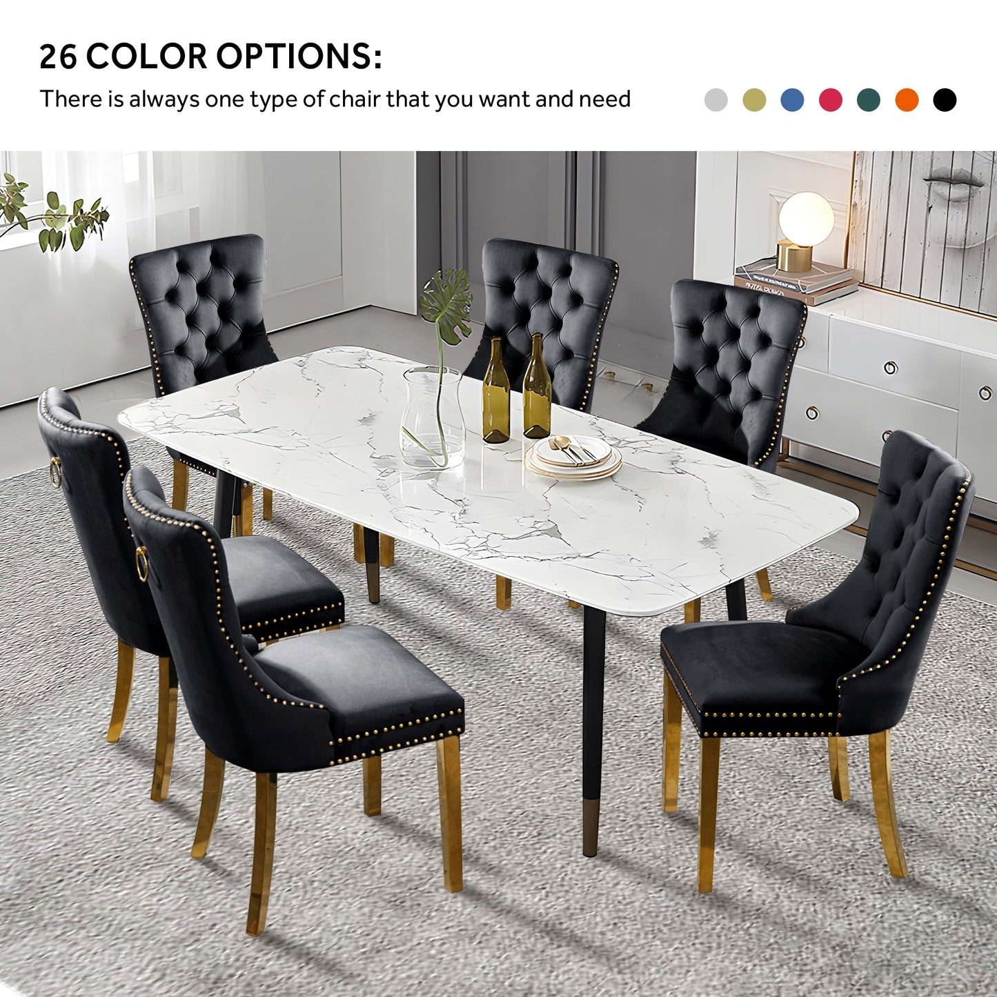 Sedia da pranzo imbottita in velluto trapuntato con gambe in legno massello, set da 6