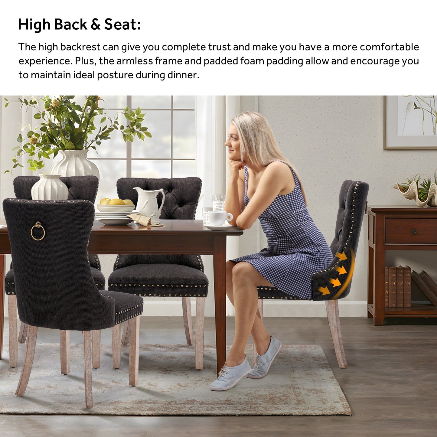 Sedia da pranzo imbottita in velluto trapuntato con gambe in legno massello, set da 6