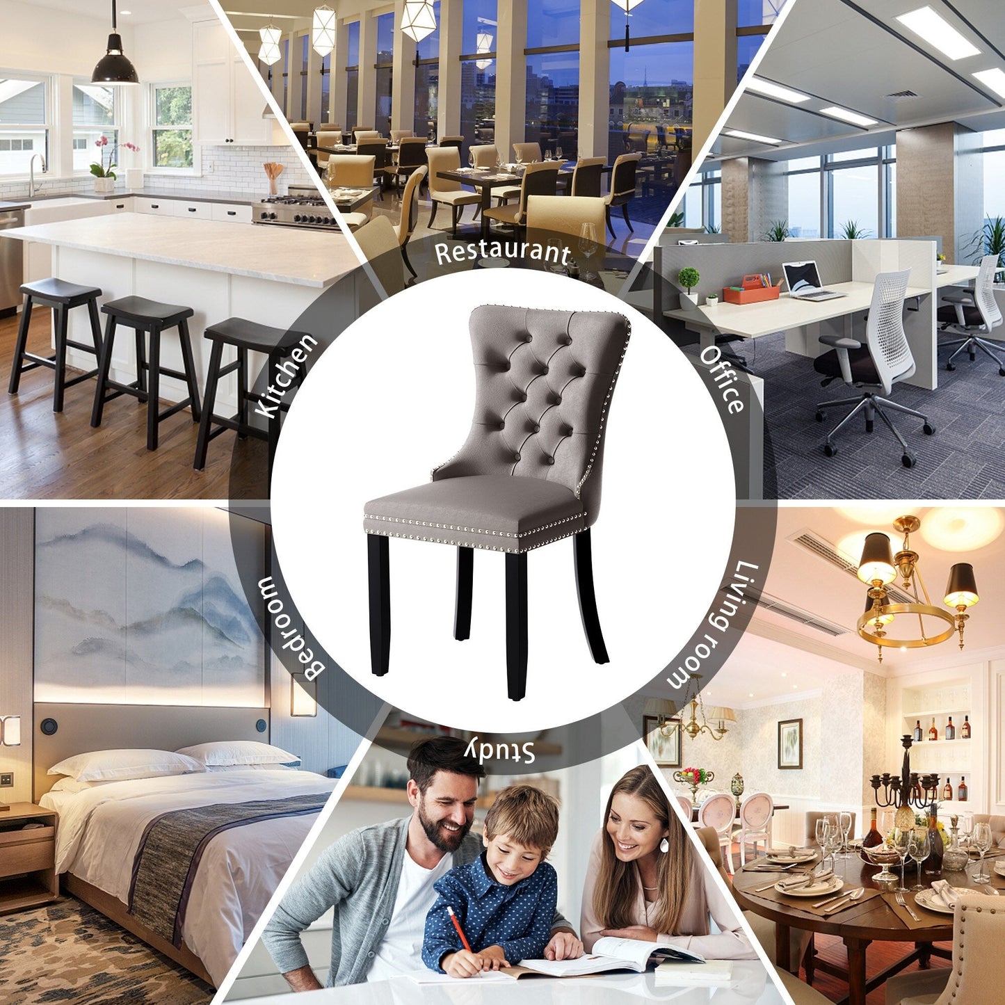 Sedia da pranzo imbottita in velluto trapuntato con gambe in legno massello, set da 6