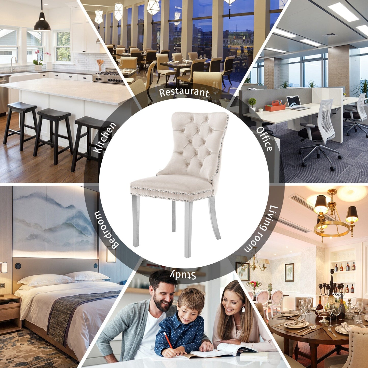 Sedia da pranzo imbottita in velluto trapuntato con gambe in legno massello, set da 6