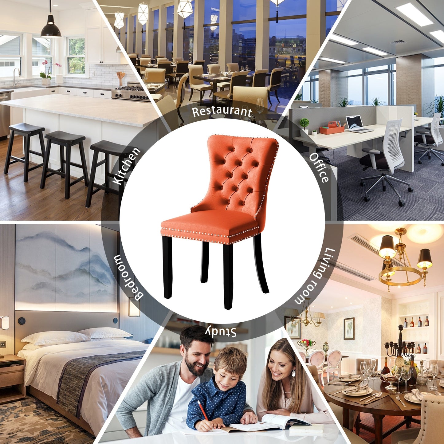 Sedia da pranzo imbottita in velluto trapuntato con gambe in legno massello, set da 6