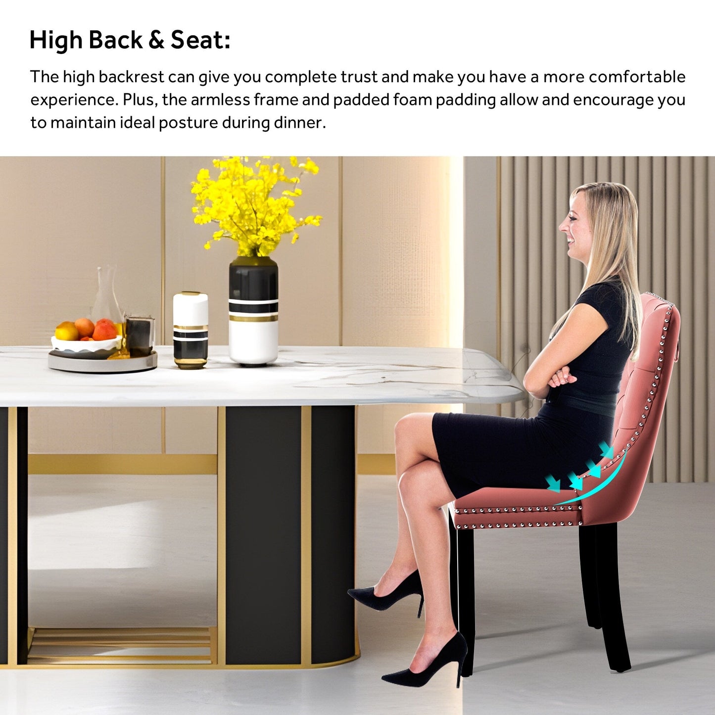 Sedia da pranzo imbottita in velluto trapuntato con gambe in legno massello, set da 6