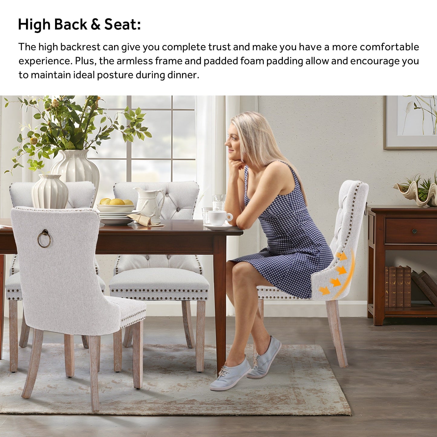 Sedia da pranzo imbottita in velluto trapuntato con gambe in legno massello, set da 6